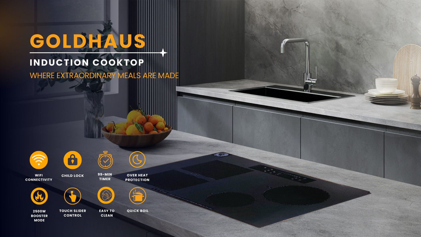 GoldHaus 30" 4 Burner Induction Cooktop with 2500W Boost, Touch Slider, WiFi Control, Black Kanger Glass